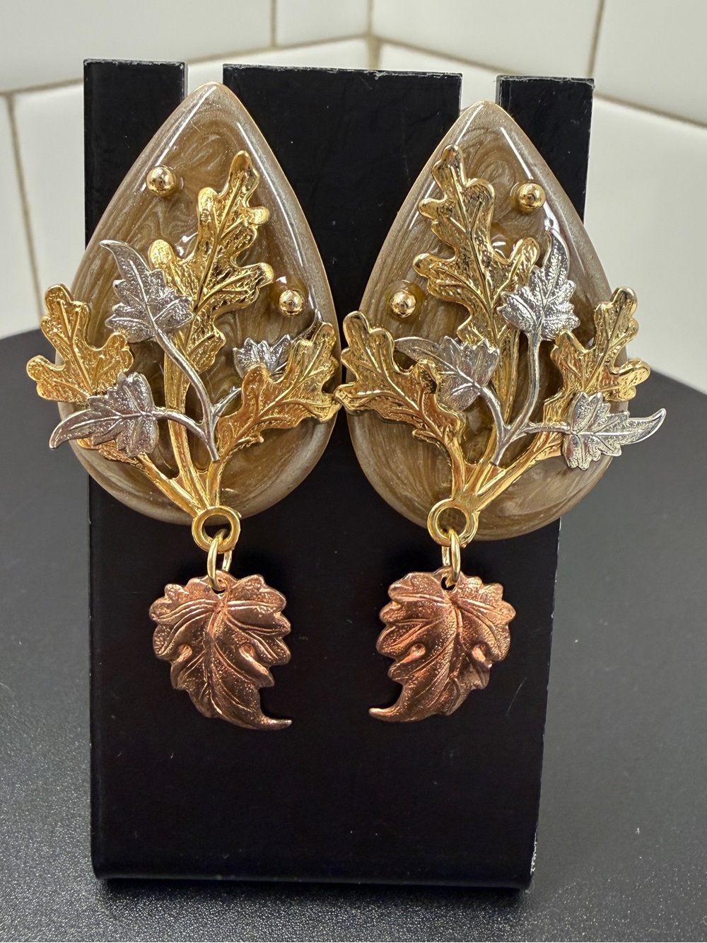 Mixed Metal Botanical Leaf Statement Earrings